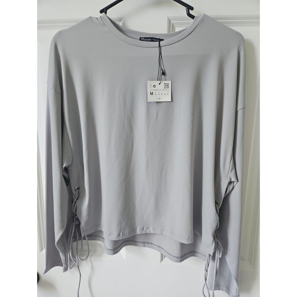 Zara Woman Basic Grey Lace‎ Up Side Long Sleeve Crew Neck Top NWT Size M